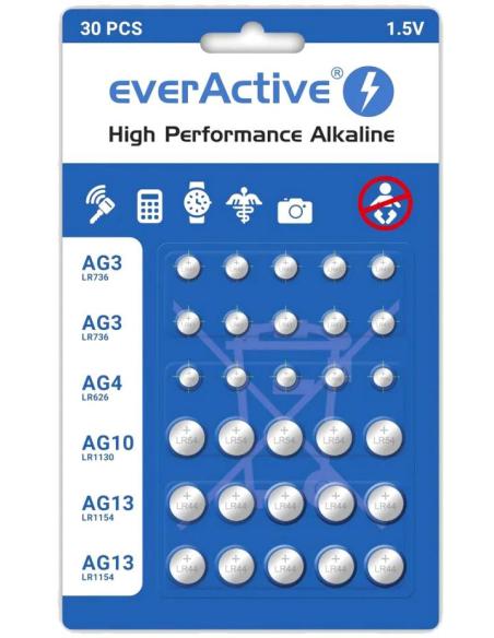 Zestaw 30 baterii 1,5V 10x AG3 / LR41 5x AG4 / LR626 5x AG10 / LR1130 10x AG13 / LR1154 everActive