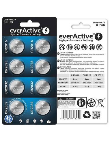 Zestaw 8 baterii 3,0V 4x CR2032 2x CR2025 2x CR2016 everActive