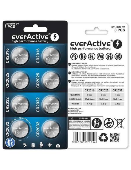 Zestaw 8 baterii 3,0V 4x CR2032 2x CR2025 2x CR2016 everActive