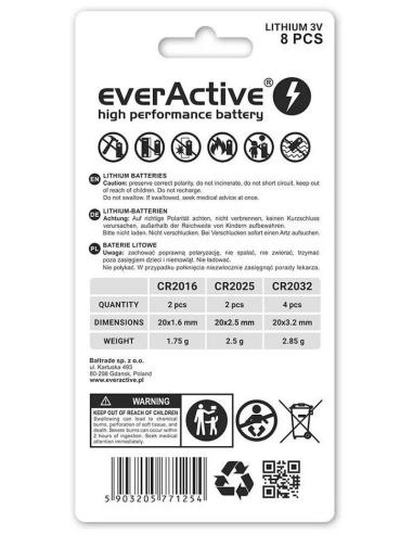 Zestaw 8 baterii 3,0V 4x CR2032 2x CR2025 2x CR2016 everActive