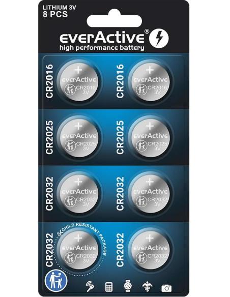 Zestaw 8 baterii 3,0V 4x CR2032 2x CR2025 2x CR2016 everActive