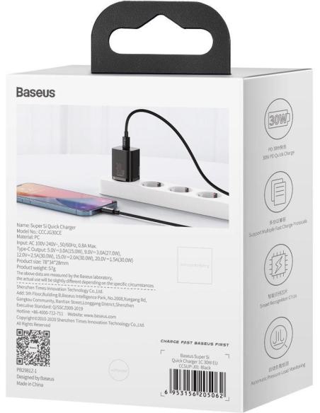 ŁADOWARKA SIECIOWA Baseus Super Si Quick Charger 1C CCSUP-J01 30W 1x USB-C PD 3.0 QC 3.0 CZARNA