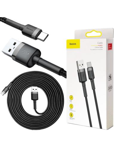 KABEL USB-A / USB-C Baseus Cafule CATKLF-UG1 300cm 2A QC 3.0 CZARNO-SZARY W NYLONOWYM OPLOCIE