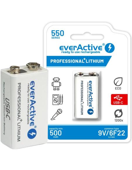 Akumulatorek 6F22 Li-Ion everActive 9V 550mAh z gniazdem USB-C