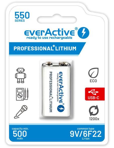 Akumulatorek 6F22 Li-Ion everActive 9V 550mAh z gniazdem USB-C