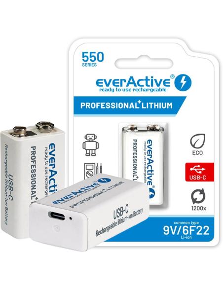 Akumulatorek 6F22 Li-Ion everActive 9V 550mAh z gniazdem USB-C