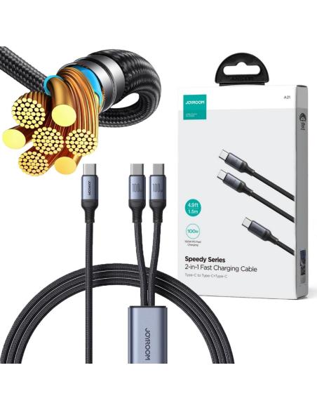 Kabel 2w1 USB-C / 2x USB-C Joyroom Speedy SA21-1T2 150cm 100W w oplocie czarny