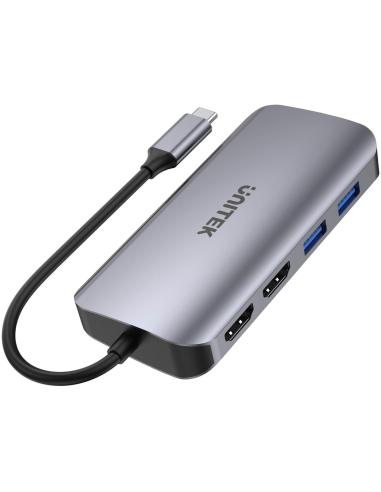 Unitek D1122A01 Aktywny hub USB-C 5Gbps, 2x HDMI 4K, czytnik kart, RJ-45, PD 100W