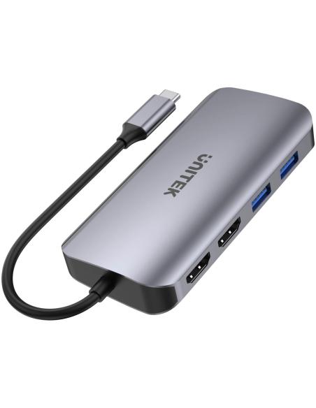 Unitek D1122A01 Aktywny hub USB-C 5Gbps, 2x HDMI 4K, czytnik kart, RJ-45, PD 100W