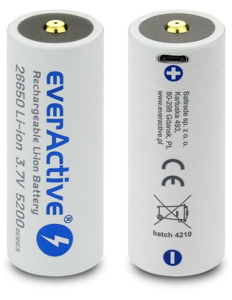 Akumulator 26650 Li-Ion 3,7V everActive 5200mAh micro USB (1 szt.) z zabezpieczeniem