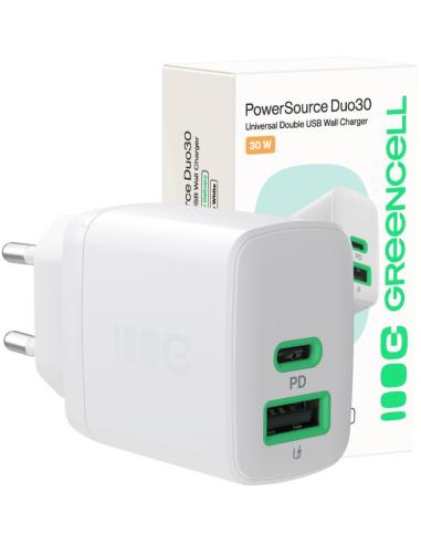 ŁADOWARKA SIECIOWA Greencell PowerSource Duo30 30W 1xUSB-C 1xUSB-A PD 3.0 QC 4.0+ biała