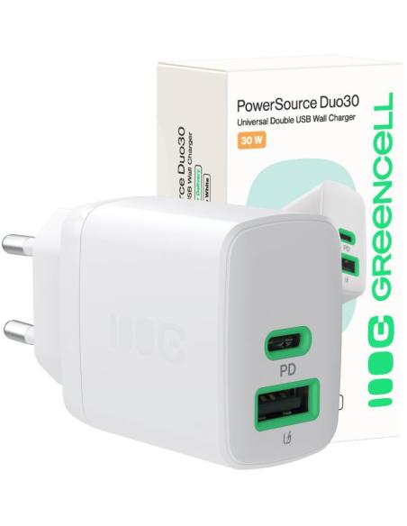 ŁADOWARKA SIECIOWA Greencell PowerSource Duo30 30W 1xUSB-C 1xUSB-A PD 3.0 QC 4.0+ biała