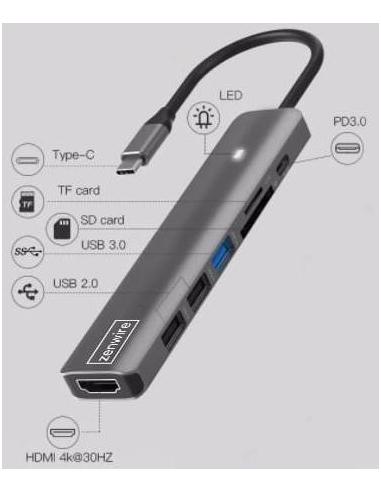 HUB ADAPTER USB-C 7w1 HDMI 4K USB 3.0 SD PD Zenwire BS-HC703