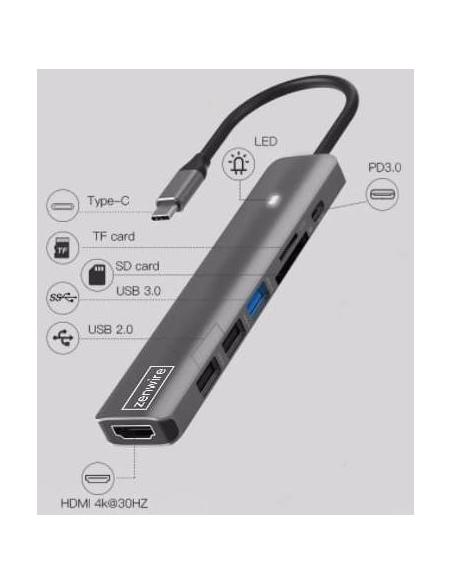 HUB ADAPTER USB-C 7w1 HDMI 4K USB 3.0 SD PD Zenwire BS-HC703