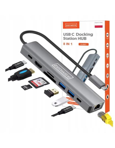 HUB USB-C Przejściówka ADAPTER 8w1 HDMI 2.0 4K 60 Hz Gigabit Ethernet 1000 Mbps Zenwire HUB81