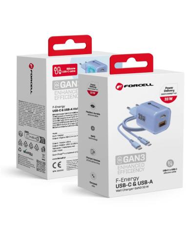 ŁADOWARKA SIECIOWA Forcell F-Energy GaN III VT-41 33 W 1x USB-C 1x USB-A PD 3.0 QC 4.0 NIEBIESKA