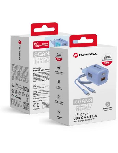 ŁADOWARKA SIECIOWA Forcell F-Energy GaN III VT-41 33 W 1x USB-C 1x USB-A PD 3.0 QC 4.0 NIEBIESKA
