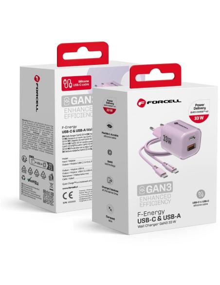 ŁADOWARKA SIECIOWA Forcell F-Energy GaN III VT-41 33 W 1x USB-C 1x USB-A PD 3.0 QC 4.0 FIOLETOWA