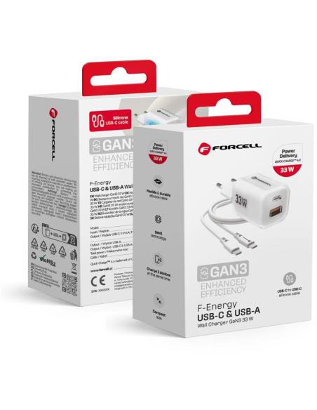 ŁADOWARKA SIECIOWA Forcell F-Energy GaN III VT-41 33 W 1x USB-C 1x USB-A PD 3.0 QC 4.0 BIAŁA