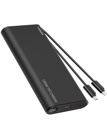 Powerbank Veger 25000 mAh 130 W PD QC 3.0 USB-A USB-C czarny z kablami USB-C i Lightning