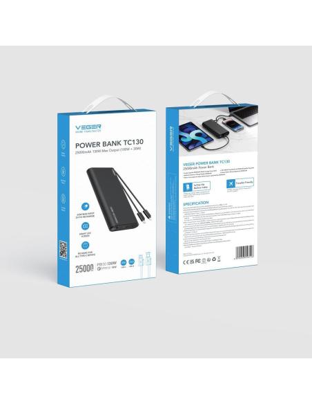 Powerbank Veger 25000 mAh 130 W PD QC 3.0 USB-A USB-C czarny z kablami USB-C i Lightning