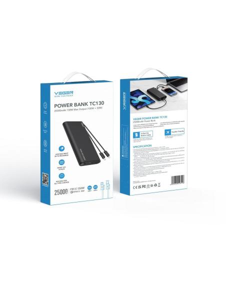 Powerbank Veger 25000 mAh 130 W PD QC 3.0 USB-A USB-C czarny z kablami USB-C i Lightning