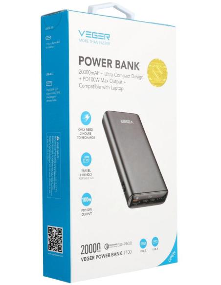 Powerbank Veger 20000 mAh 100 W PD QC 3.0 USB-A 2x USB-C czarny