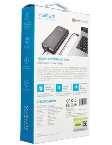 Powerbank Veger 20000 mAh 100 W PD QC 3.0 USB-A 2x USB-C czarny