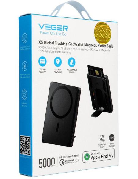 Powerbank Veger GeoWallet Tracker X5 5000 mAh 20 W PD QC 3.0 MFi MagSafe USB-C czarny