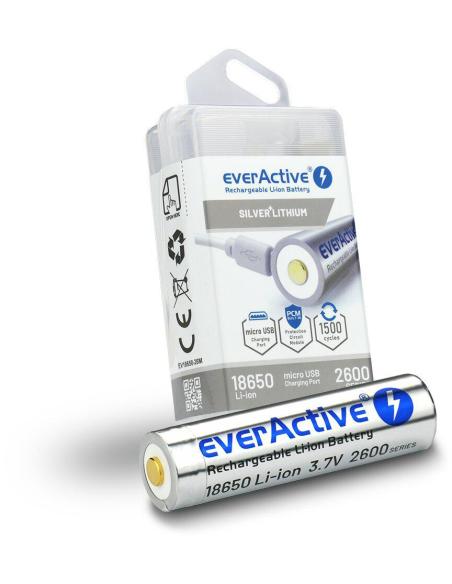 Akumulator 18650 Li-Ion 3,7V everActive 2600mAh (1 szt.) micro-USB z zabezpieczeniem