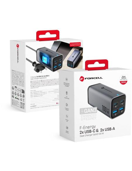 Ładowarka biurkowa Forcell F-Energy GaN III 2x USB-C 2x USB-A QC 4.0 PD 5A 100W VT-49 szara