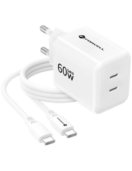 Ładowarka sieciowa Forcell F-Energy GaN III VT-60 60W PD QC 4.0+ 2x USB-C biała + kabel USB-C