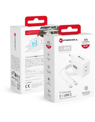 Ładowarka sieciowa Forcell F-Energy GaN III VT-60 60W PD QC 4.0+ 2x USB-C biała + kabel USB-C