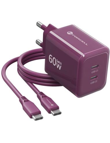 Ładowarka sieciowa Forcell F-Energy GaN III VT-60 60W PD QC 4.0+ 2x USB-C burgundowa + kabel USB-C