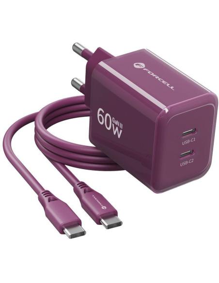 Ładowarka sieciowa Forcell F-Energy GaN III VT-60 60W PD QC 4.0+ 2x USB-C burgundowa + kabel USB-C