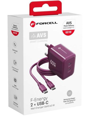 Ładowarka sieciowa Forcell F-Energy GaN III VT-60 60W PD QC 4.0+ 2x USB-C burgundowa + kabel USB-C