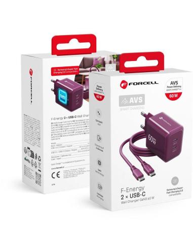 Ładowarka sieciowa Forcell F-Energy GaN III VT-60 60W PD QC 4.0+ 2x USB-C burgundowa + kabel USB-C