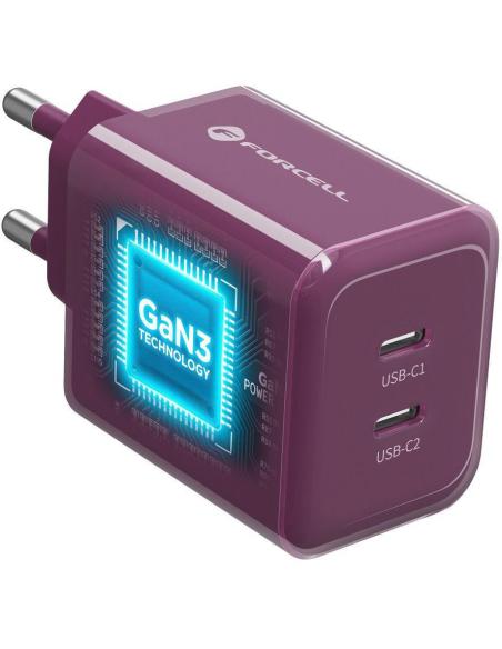 Ładowarka sieciowa Forcell F-Energy GaN III VT-60 60W PD QC 4.0+ 2x USB-C burgundowa + kabel USB-C