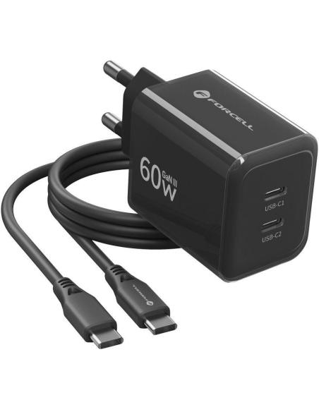 Ładowarka sieciowa Forcell F-Energy GaN III VT-60 60W PD QC 4.0+ 2x USB-C czarna + kabel USB-C