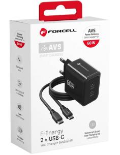 Ładowarka sieciowa Forcell F-Energy GaN III VT-60 60W PD QC 4.0+ 2x USB-C czarna + kabel USB-C 2