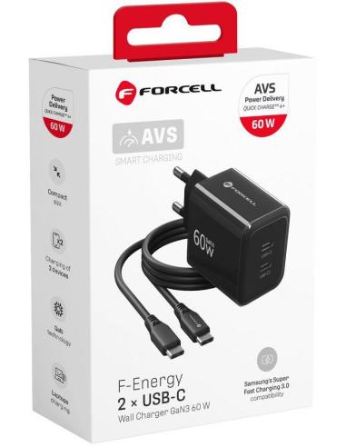 Ładowarka sieciowa Forcell F-Energy GaN III VT-60 60W PD QC 4.0+ 2x USB-C czarna + kabel USB-C