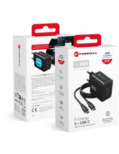 Ładowarka sieciowa Forcell F-Energy GaN III VT-60 60W PD QC 4.0+ 2x USB-C czarna + kabel USB-C