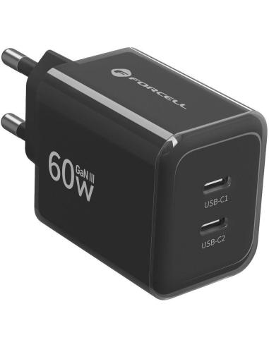 Ładowarka sieciowa Forcell F-Energy GaN III VT-60 60W PD QC 4.0+ 2x USB-C czarna + kabel USB-C