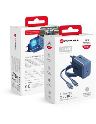 Ładowarka sieciowa Forcell F-Energy GaN III VT-60 60W PD QC 4.0+ 2x USB-C granatowa + kabel USB-C