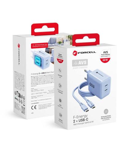 Ładowarka sieciowa Forcell F-Energy GaN III VT-60 60W PD QC 4.0+ 2x USB-C niebieska + kabel USB-C
