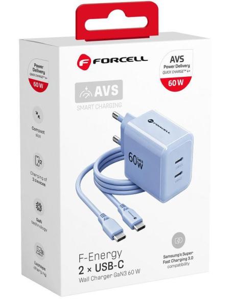 Ładowarka sieciowa Forcell F-Energy GaN III VT-60 60W PD QC 4.0+ 2x USB-C niebieska + kabel USB-C