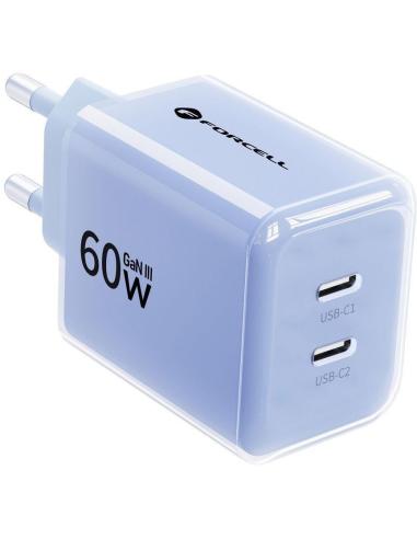 Ładowarka sieciowa Forcell F-Energy GaN III VT-60 60W PD QC 4.0+ 2x USB-C niebieska + kabel USB-C