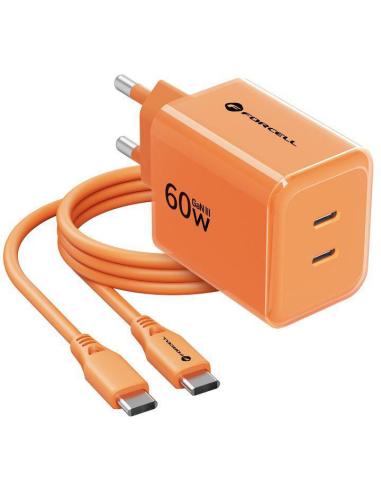 Ładowarka sieciowa Forcell F-Energy GaN III VT-60 60W PD QC 4.0+ 2x USB-C pomarańczowa + kabel USB-C