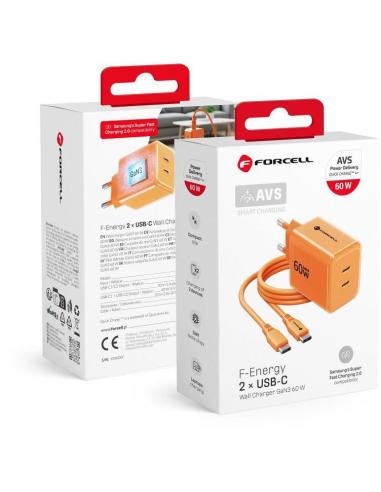 Ładowarka sieciowa Forcell F-Energy GaN III VT-60 60W PD QC 4.0+ 2x USB-C pomarańczowa + kabel USB-C