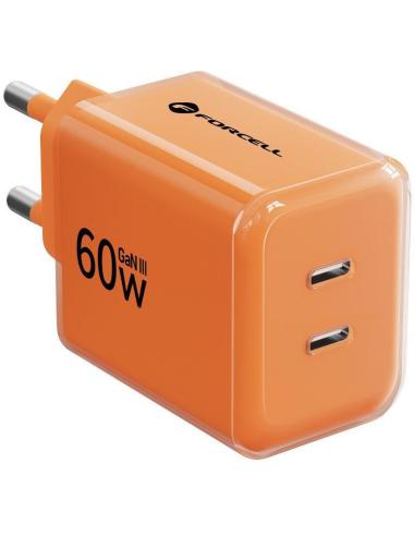 Ładowarka sieciowa Forcell F-Energy GaN III VT-60 60W PD QC 4.0+ 2x USB-C pomarańczowa + kabel USB-C